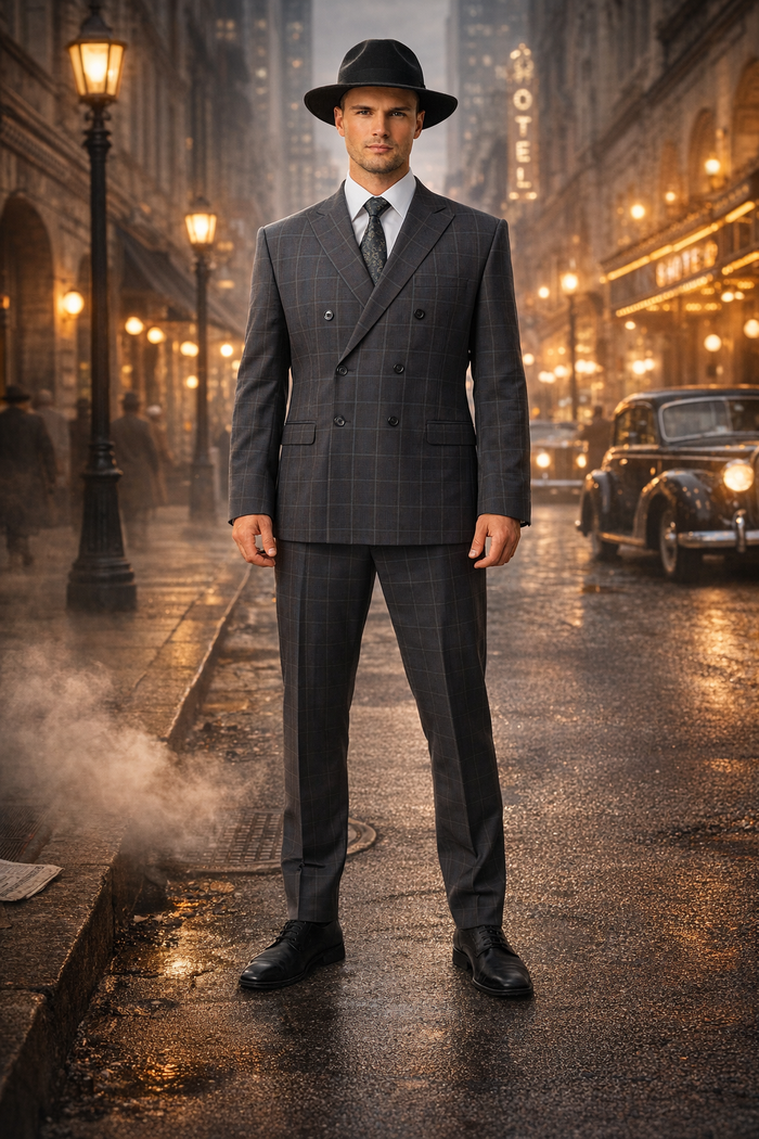 Gangster Suit - 1920 Mens Grey Patterns Suit With Grey Untochable Hat Shirt and Tie Combo - Image 7