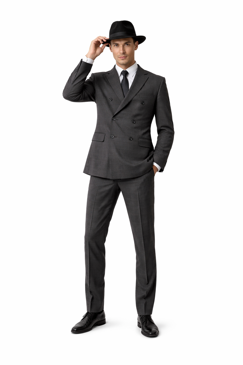 Gangster Suit - 1920 Mens Grey Patterns Suit With Grey Untochable Hat Shirt and Tie Combo - Image 5