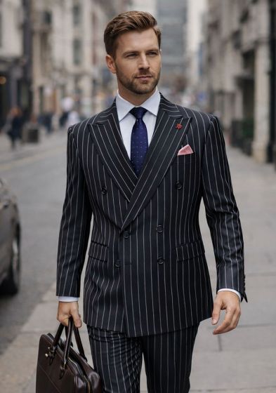 Statement Men's 2 Piece 100% Wool Modern Fit Pinstripe Suit - Double Breasted Jacket
