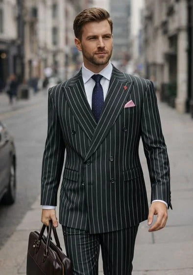 Statement Men's 2 Piece 100% Wool  Pinstripe Suit - Double Breasted Jacket Modern Fit