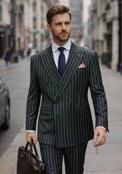 Statement Men's 2 Piece 100% Wool Modern Fit Pinstripe Suit - Double Breasted Jacket