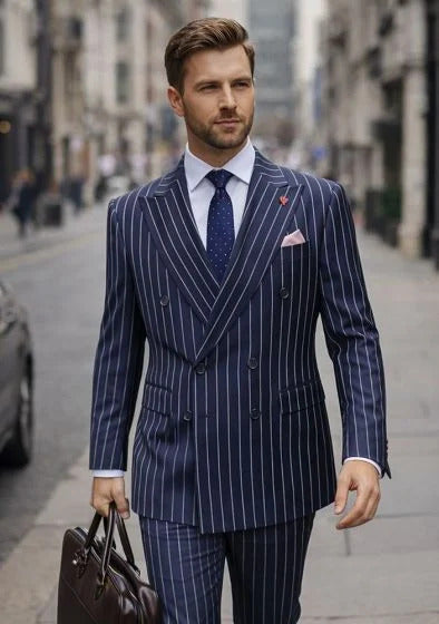 Statement Men's 2 Piece 100% Wool Modern Fit Pinstripe Suit - Double Breasted Jacket