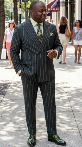 Statement Men's 2 Piece 100% Wool Modern Fit Pinstripe Suit - Double Breasted Jacket