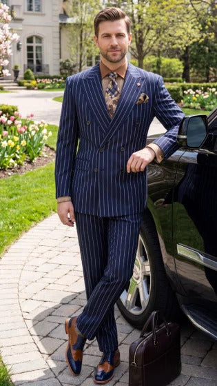Statement Men's 2 Piece 100% Wool Modern Fit Pinstripe Suit - Double Breasted Jacket