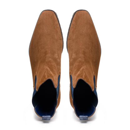 Zelli Gianna Suede Chelsea Boots in Cognac with Flexible Navy Goring