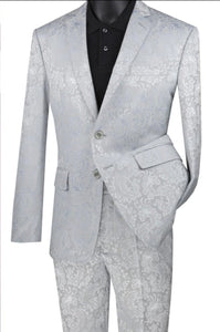 Graduation Suit - Men's Slim Fit Shiny Paisley Prom & Wedding Suit in Silver Grey
