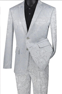 Graduation Suit - Men's Slim Fit Shiny Paisley Prom & Wedding Suit in Silver Grey