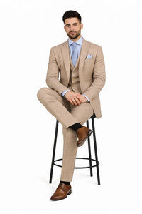 Glen Plaid Suit - Men's 3 Piece Slim Fit Suit - Beige Suit-  SV2W6 - Image 3