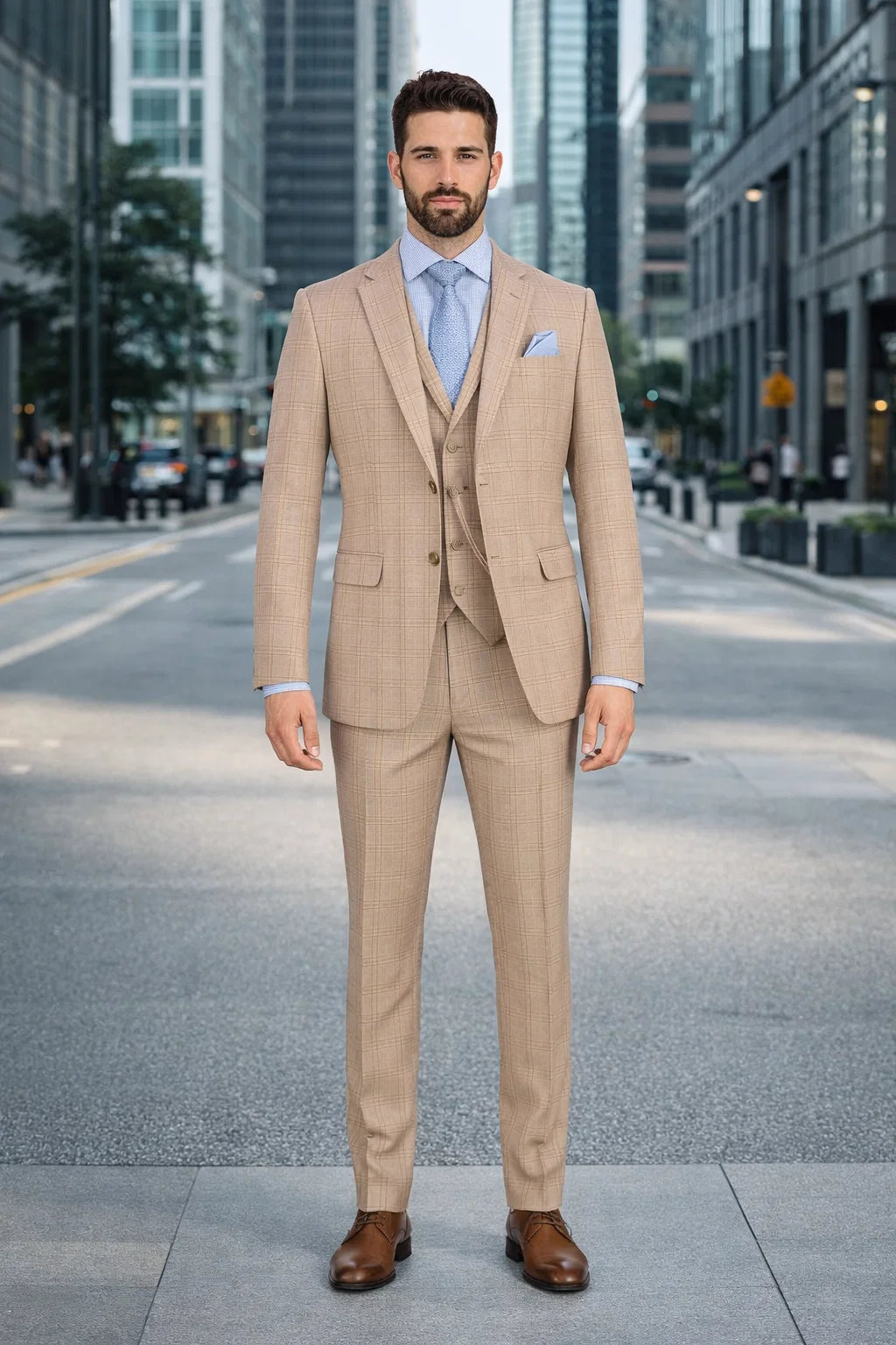 Glen Plaid Suit - Men's 3 Piece Slim Fit Suit - Beige Suit-  SV2W6 - Image 6