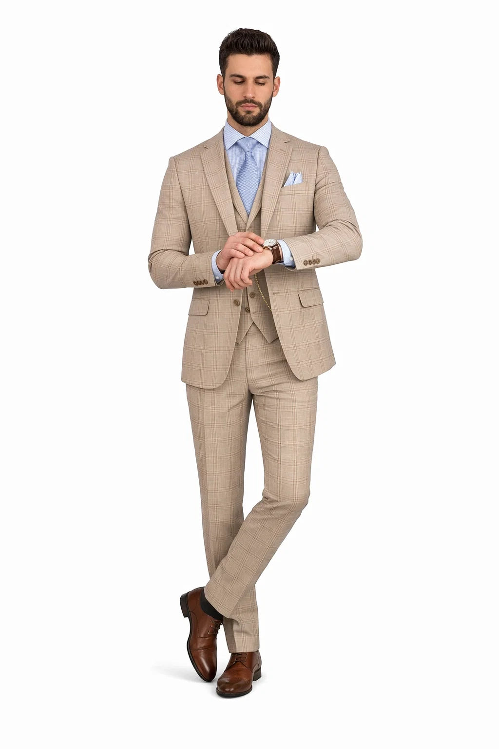Glen Plaid Suit - Men's 3 Piece Slim Fit Suit - Beige Suit-  SV2W6 - Image 8
