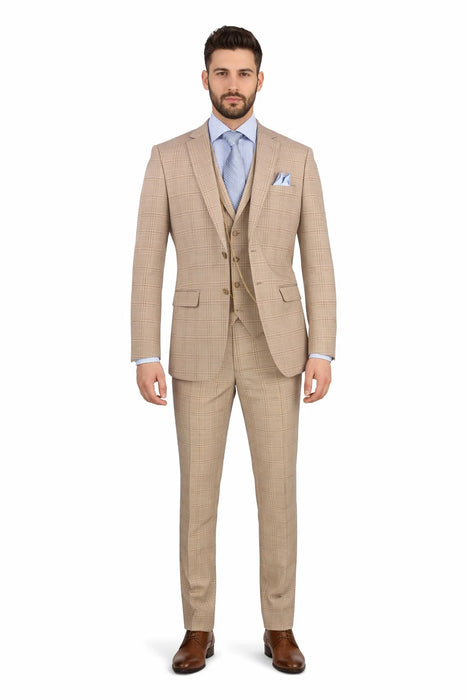 Glen Plaid Suit - Men's 3 Piece Slim Fit Suit - Beige Suit-  SV2W6