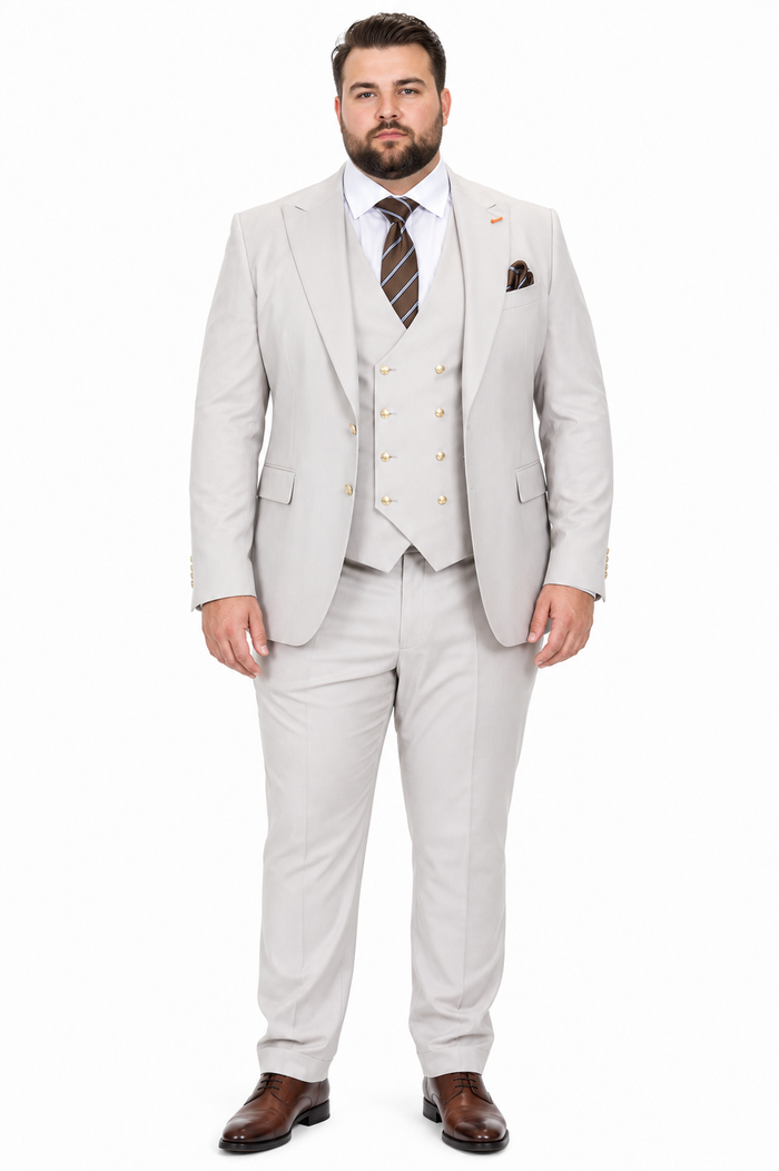 Men's Ash Statement Ticket Pocket Peak Lapel Wool Double Breasted Vest Suit with Gold Buttons – Modern Fit