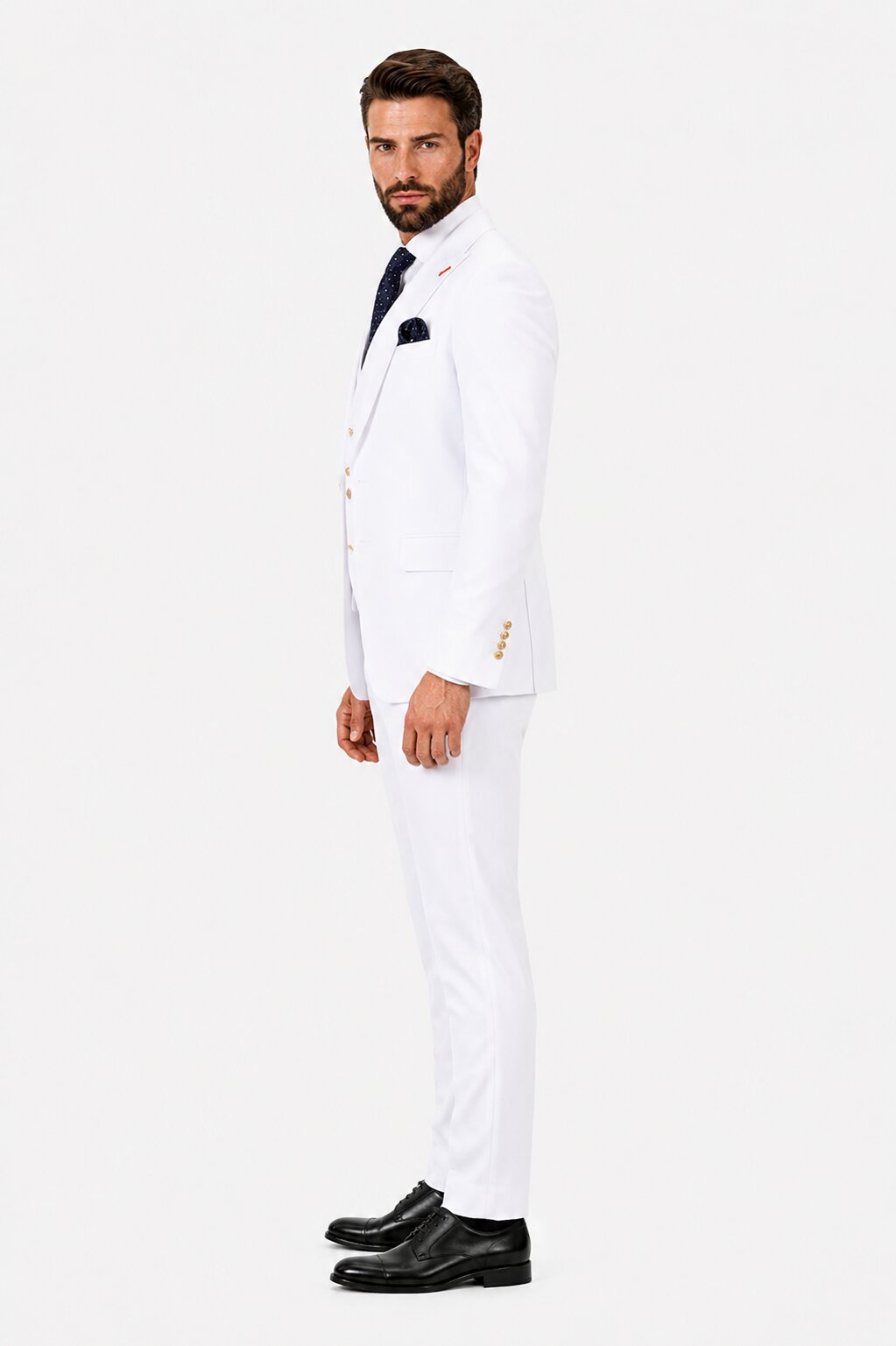 Men's White Statement Ticket Pocket Peak Lapel Wool Double Breasted Vest Suit with Gold Buttons – Modern Fit