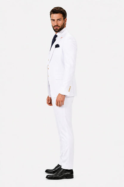 Men's White Statement Ticket Pocket Peak Lapel Wool Double Breasted Vest Suit with Gold Buttons – Modern Fit