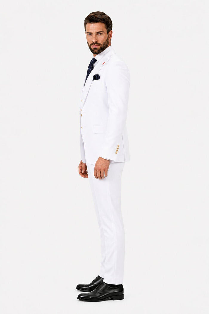 Men's White Statement Ticket Pocket Peak Lapel Wool Double Breasted Vest Suit with Gold Buttons – Modern Fit