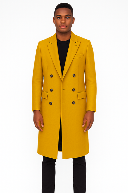Men's Gold 44Inch Long Double Breasted Overcoat Winter Men's Topcoat Sale