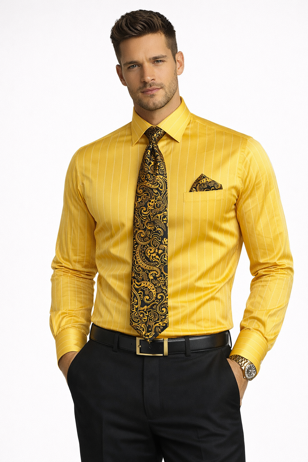 Gold Colorful Men'S Dress Shirt Gold / 20.5 Neck /37-38 Sleeve Gold Colorful Men'S Dress Shirt Gold / 20.5 Neck /37-38 Sleeve