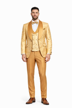 Gold Paisley 3-Piece Skinny Fit Suit – Wide Shawl Lapel with Matching Bow Tie
