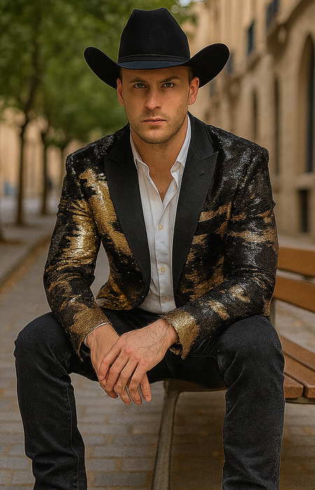 Gold Shiny Black Peak Lapels paisley look Fashion Tuxedo sport coat jacket