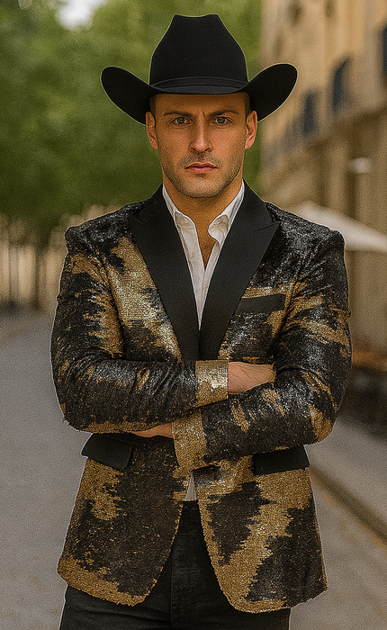 Gold Shiny Black Peak Lapels paisley look Fashion Tuxedo sport coat jacket