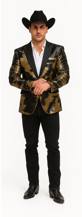 Gold Shiny Black Peak Lapels paisley look Fashion Tuxedo sport coat jacket