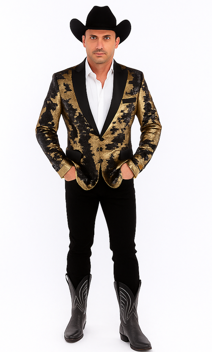 Gold Shiny Black Peak Lapels paisley look Fashion Tuxedo sport coat jacket