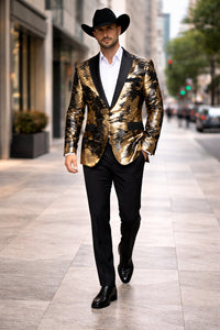 Gold Shiny Black Peak Lapels paisley look Fashion Tuxedo sport coat jacket