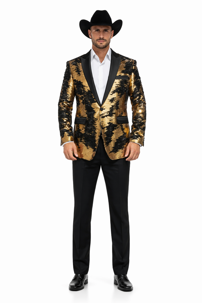 Gold Shiny Black Peak Lapels paisley look Fashion Tuxedo sport coat jacket