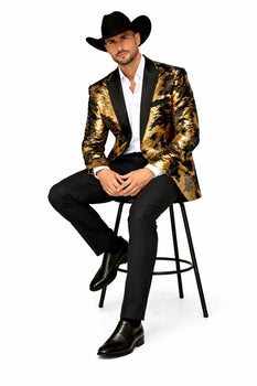 Gold Shiny Black Peak Lapels paisley look Fashion Tuxedo sport coat jacket