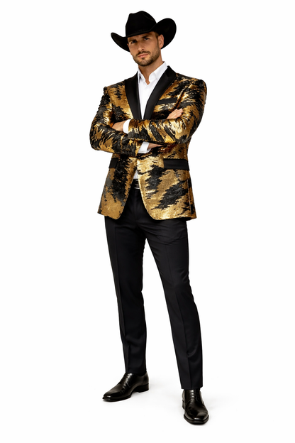 Gold Shiny Black Peak Lapels paisley look Fashion Tuxedo sport coat jacket