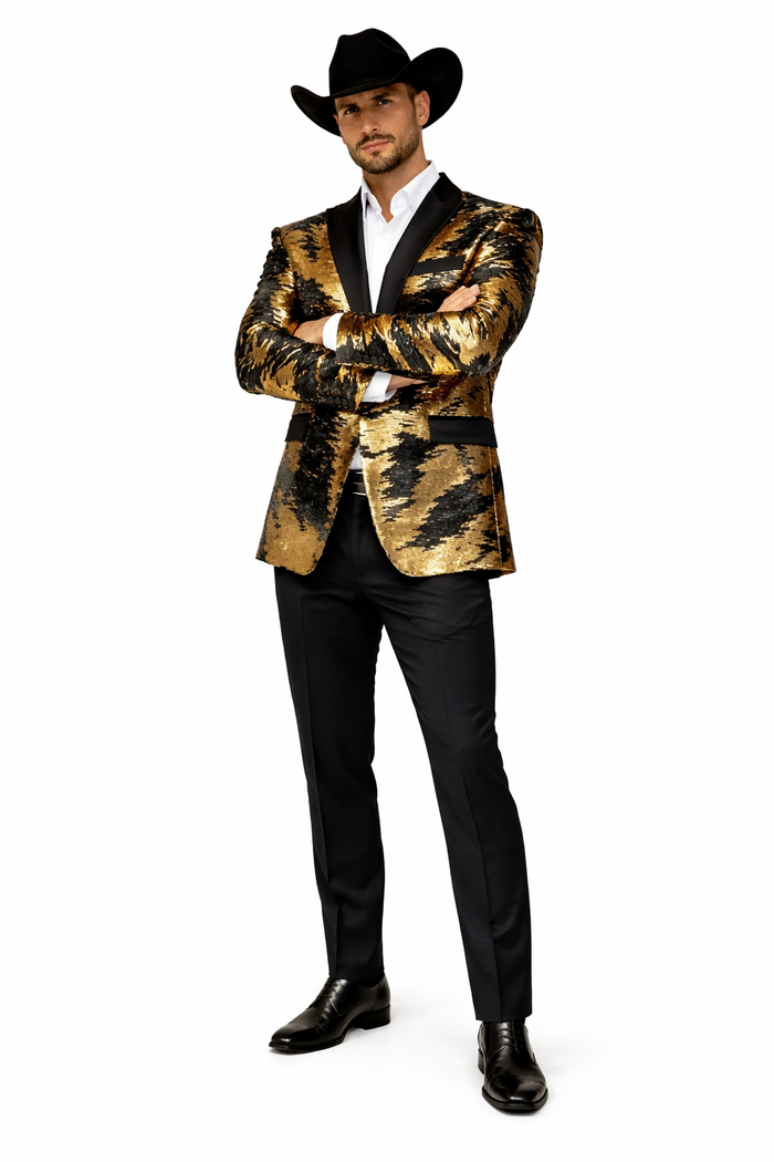 Gold Shiny Black Peak Lapels paisley look Fashion Tuxedo sport coat jacket