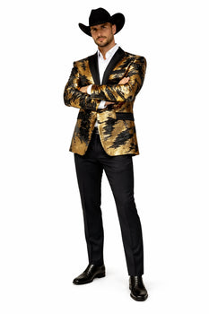 Gold Shiny Black Peak Lapels paisley look Fashion Tuxedo sport coat jacket