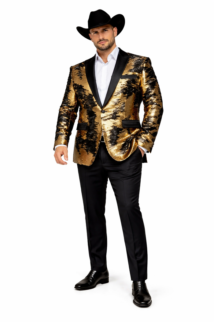 Gold Shiny Black Peak Lapels paisley look Fashion Tuxedo sport coat jacket