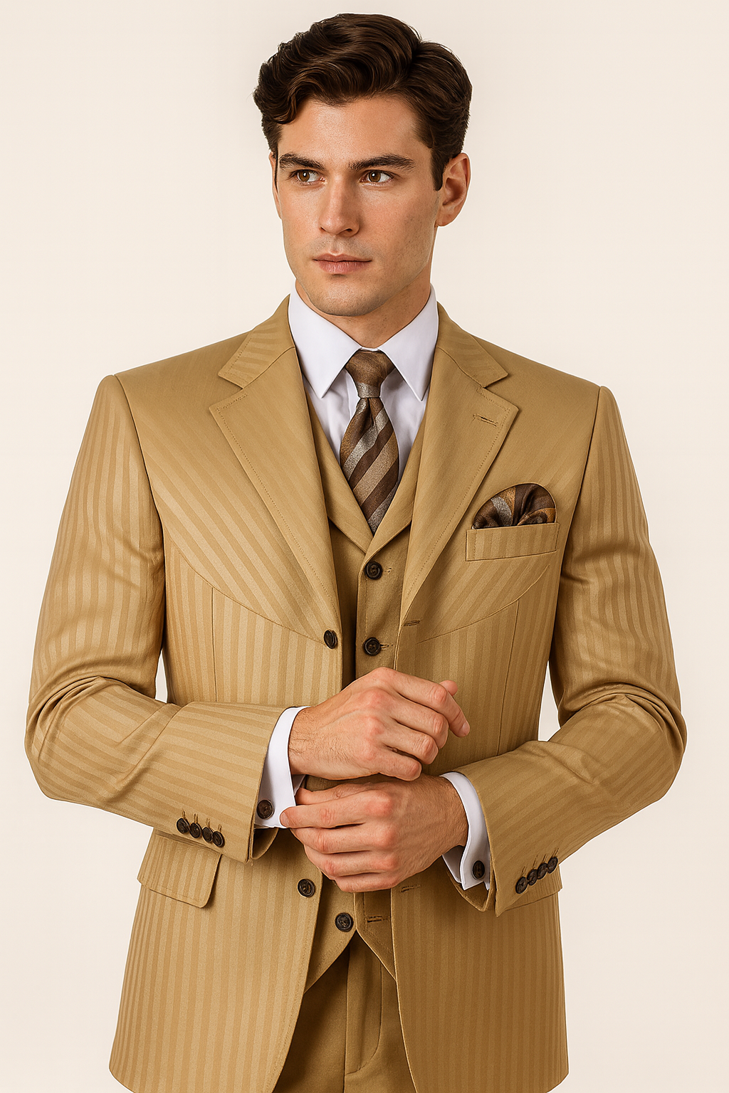 Mens 4 Buttons Semi Wide Leg Shiny Tonal Stripe Fashion Suits in Gold - Image 2