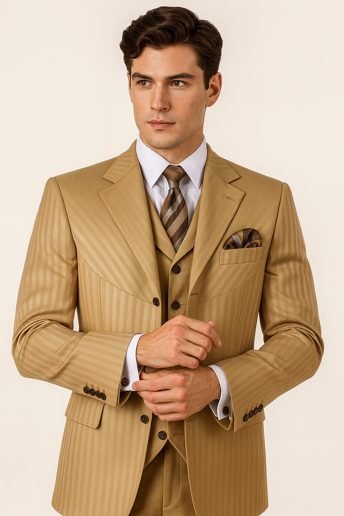 Mens 4 Buttons Semi Wide Leg Shiny Tonal Stripe Fashion Suits in Gold - Image 2