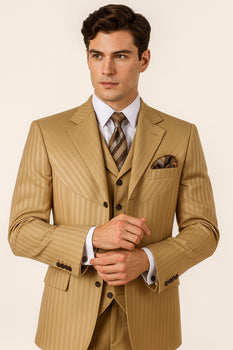 Mens 4 Buttons Semi Wide Leg Shiny Tonal Stripe Fashion Suits in Gold - Image 2