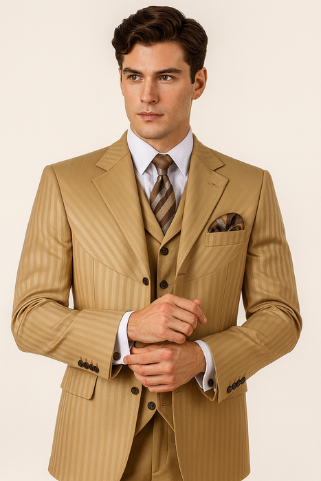 Mens 4 Buttons Semi Wide Leg Shiny Tonal Stripe Fashion Suits in Gold