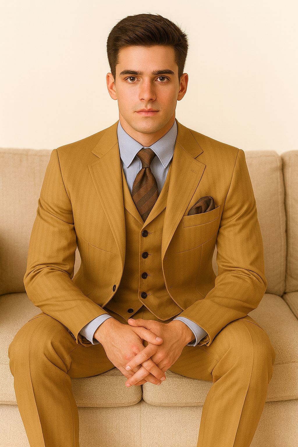 Mens 4 Buttons Semi Wide Leg Shiny Tonal Stripe Fashion Suits in Gold - Image 6