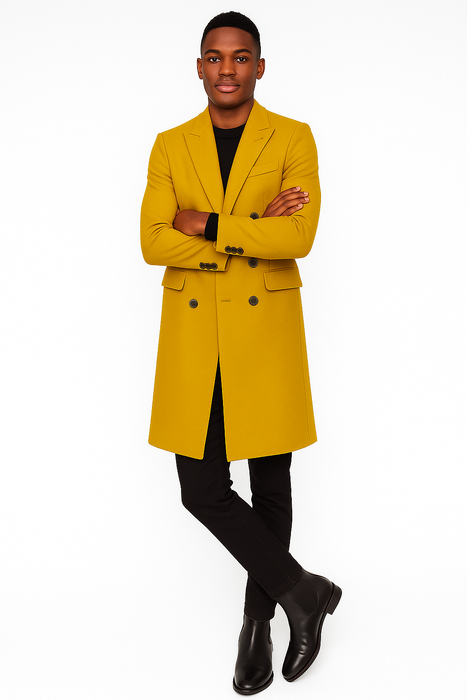 Men's Gold 44Inch Long Double Breasted Overcoat Winter Men's Topcoat Sale