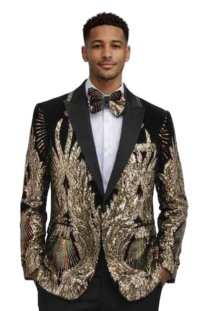 Men’s Black & Gold Peacock Sequin Tuxedo Jacket – Luxury Prom, Wedding & Party Blazer with Black Shawl Lapel
