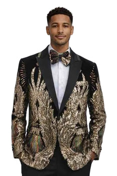 Mens Black and Gold Peacock Sequin Tuxedo Jacket – Luxury Prom Blazer with Shawl Lapel