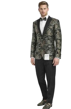 Mens Black Gold Paisley Tuxedo Suit – 2 Button Slim Fit Shawl Lapel Prom Wedding Dinner Jacket Set