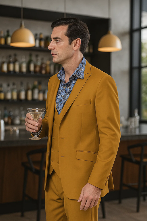 Modern Gold Men’s Suit – Peak Lapel, Double Breasted Vest, 2-Button Style