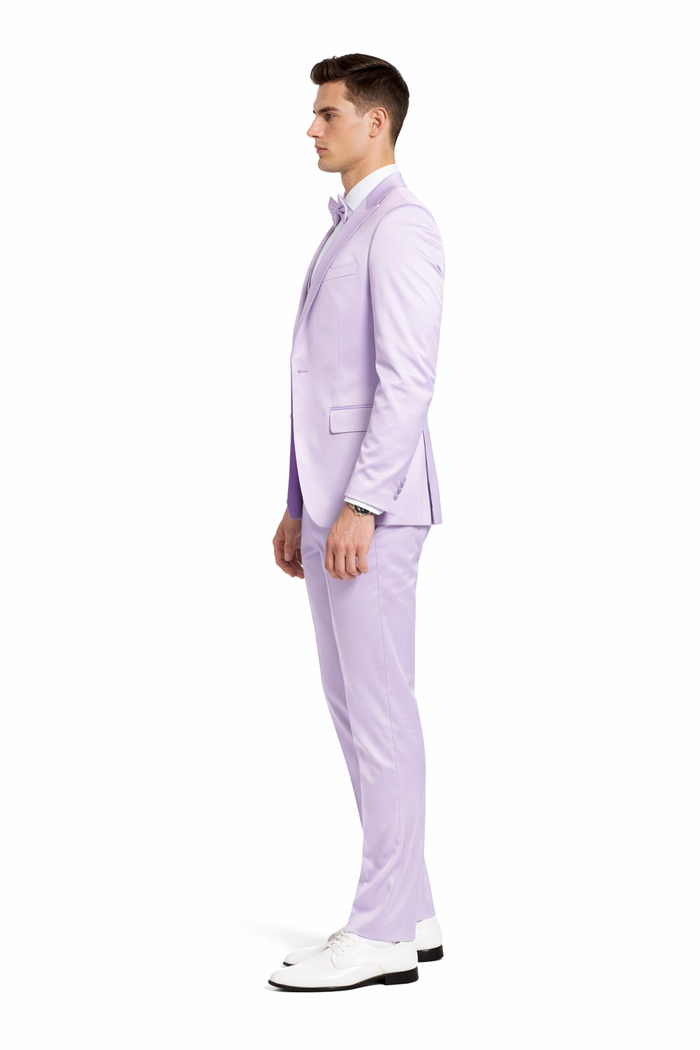 Graduation Suit - Men's One Button Vested Shiny Satin Sharkskin Prom & Wedding Party Suit in Lavender - Image 3