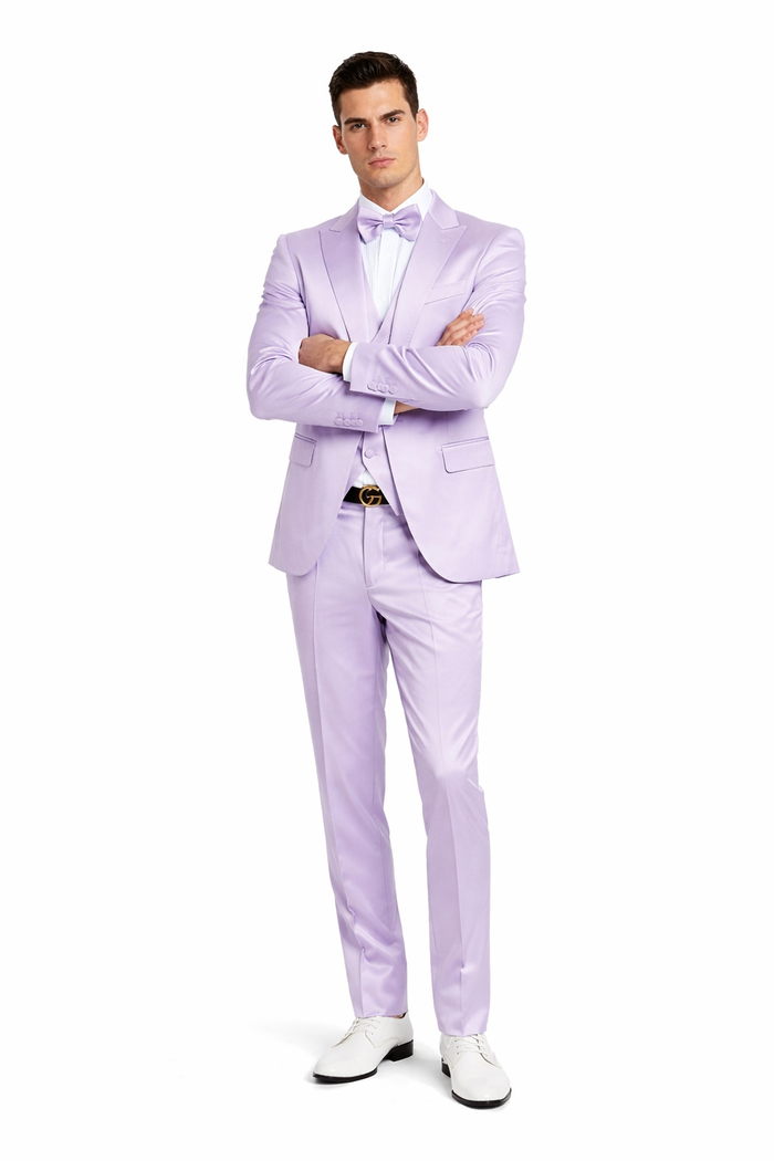 Graduation Suit - Men's One Button Vested Shiny Satin Sharkskin Prom & Wedding Party Suit in Lavender - Image 5