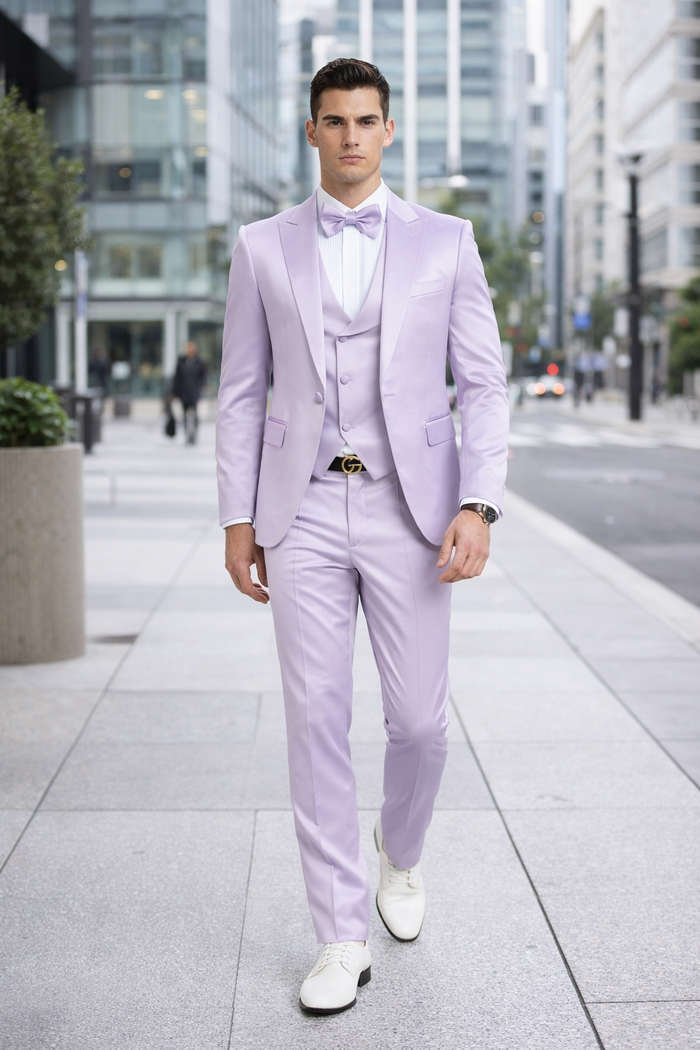 Graduation Suit - Men's One Button Vested Shiny Satin Sharkskin Prom & Wedding Party Suit in Lavender - Image 6