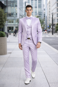 Graduation Suit - Men's One Button Vested Shiny Satin Sharkskin Prom & Wedding Party Suit in Lavender
