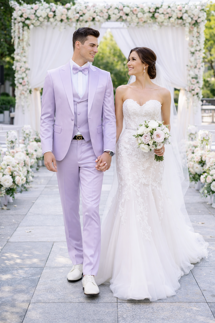 Graduation Suit - Men's One Button Vested Shiny Satin Sharkskin Prom & Wedding Party Suit in Lavender - Image 7