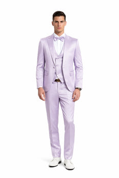 Graduation Suit - Men's One Button Vested Shiny Satin Sharkskin Prom & Wedding Party Suit in Lavender