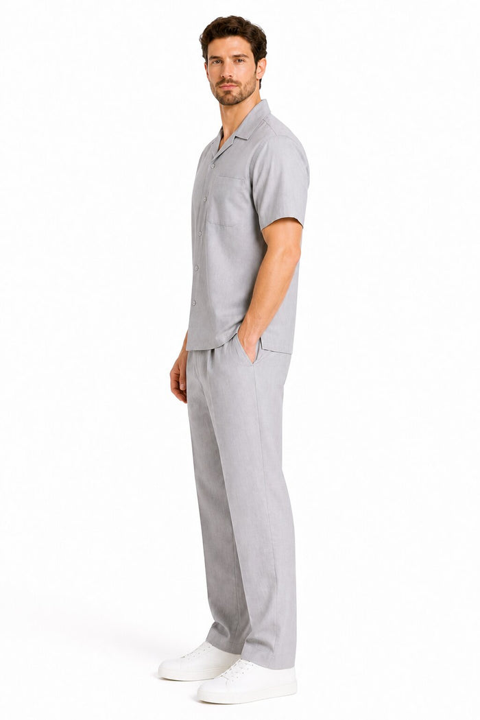 Men's Short Sleeve Linen Plain Gray Casual Casual Two Piece Mens Walking Outfit For Sale Pant Sets Suit With Pleated Pant - Mens Linen Suit